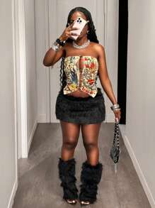 Slaydiva Top ajustado de mujer con patrón estilo barroco, anillo metálico, escote tipo tubo, de color caqui, estilo de chica caliente Y2K, para uso diario, fecha, estilo de calle retro y casual, nueva del verano 2025