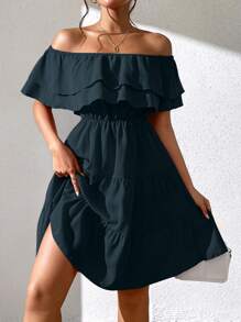 Chiquease 女式度假纯色露肩荷叶边下摆时尚连衣裙