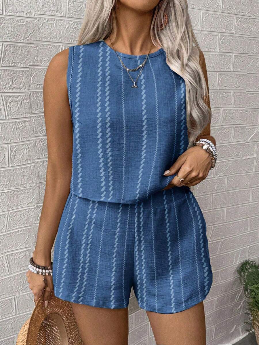 EMERY ROSE Plus-Size Ladies' Woven Casual Summer Two Pieces Set - Blue - View 1