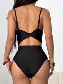 Flirla Circle Ring Strap Cami Bodysuit, Fashionable Solid Color Suitable For Summer - Black - View 2