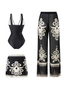 Swim Oasis 2pcs 2025 New Summer Women 1-Piece Swimsuit Set With Printed Deep V Neck Sleeveless Swimwear, Mesh Long Pants And Short Beach Skirt - Multicolor - View 2