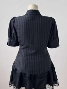 Sweetra Plus Size Women's Solid Color Ruffle Short Puff Sleeve Casual Blouse - Black - View 5