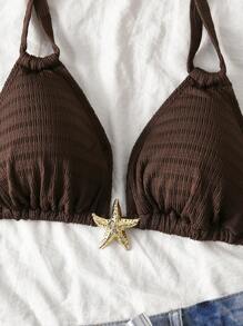 Swim Mod 大码女式纯色露背修身泳衣上衣，休闲度假 - 咖啡棕 - 查看 3