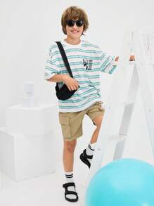 SHEIN Tween Boy Loose Casual Simple Comfortable Round Neck Short Sleeve Striped T-Shirt - Grey - View 3