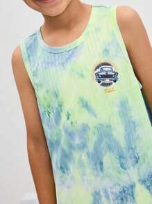 SHEIN 男童休闲度假百搭舒适扎染蜡染服装，时尚圆领无袖针织上衣，适合上学、花园、海滩、生日、春、夏、秋、冬等各种场合。 - 綠色 - 查看 5