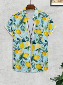 Manfinity RSRT 男士柠檬印花短袖单排扣休闲夏季衬衫男士沙滩衬衫男士度假衬衫 - 彩色 - 查看 2