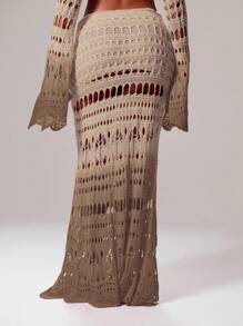 MUSERA 镂空图案钩编渐变鱼尾下摆长裙，仅作罩衫，适合泳装，伊比沙岛性感度假春夏节日沙滩装，浪漫优雅生日派对波西米亚风假日装扮夏季派对时尚装扮 - 棕色 - 查看 4