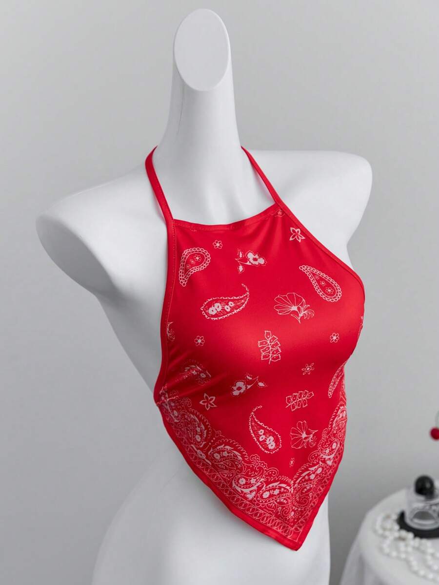 Elamini Paisley Printed Boho Style Halter Backless Straps Cami Top, Suitable For Beach Holiday, European And American Style - Red - View 1