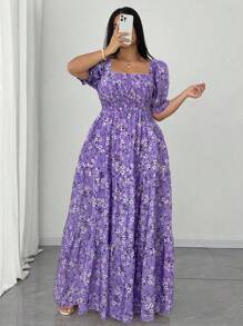 SHEIN Clasi Đầm thanh lịch cổ vuông tay ngắn họa tiết hoa cỡ lớn - Màu tím hoa cà - Xem 3