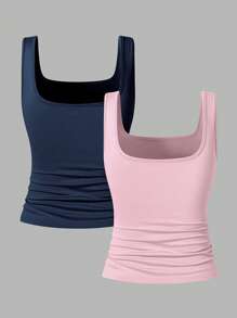 WESTFADE Young 2 pièces/set Basiques décontractés minimalistes pour adolescentes, Hauts de camisole ajustés à col carré froncés de couleur unie d'été, noir et blanc, couleurs classiques polyvalentes