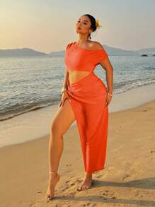 Sunnyshic Váy midi dệt kim gân vải ép cỡ lớn màu cam gợi cảm - trái cam - Xem 4