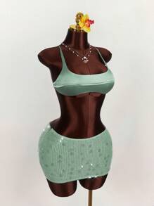 Amplova 2 Teile Set mit Satin Gros-de-Tours Besatz Cropped Top und ultraniedrig geschnittener Mini-Rock - Grün - Übersicht 8