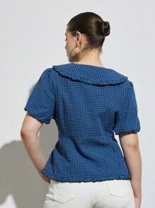 GENKIRA Plus Size Women Blue Textured Collegiate Patterned Fabric Ruffled Collar Tie Waist Puff Sleeve Blouse - Blue - View 2