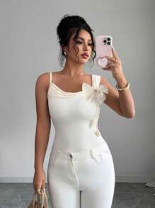 Selianne Women's Bow Decor Ruffle Trim Fitted Camisole - Beige - View 3