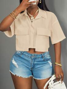 Slaydiva 2025 新款女士休闲街头口袋短袖衬衫领宽松短款白色落肩衬衫女衬衫，春夏，休闲日常穿着，音乐节 - 杏色 - 查看 6
