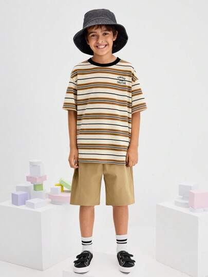 Leap Crew Leap Crew Tween Boy Casual Loose Stripe Short Sleeve Top And Shorts 2 Pieces Set, Comfy & Minimalist