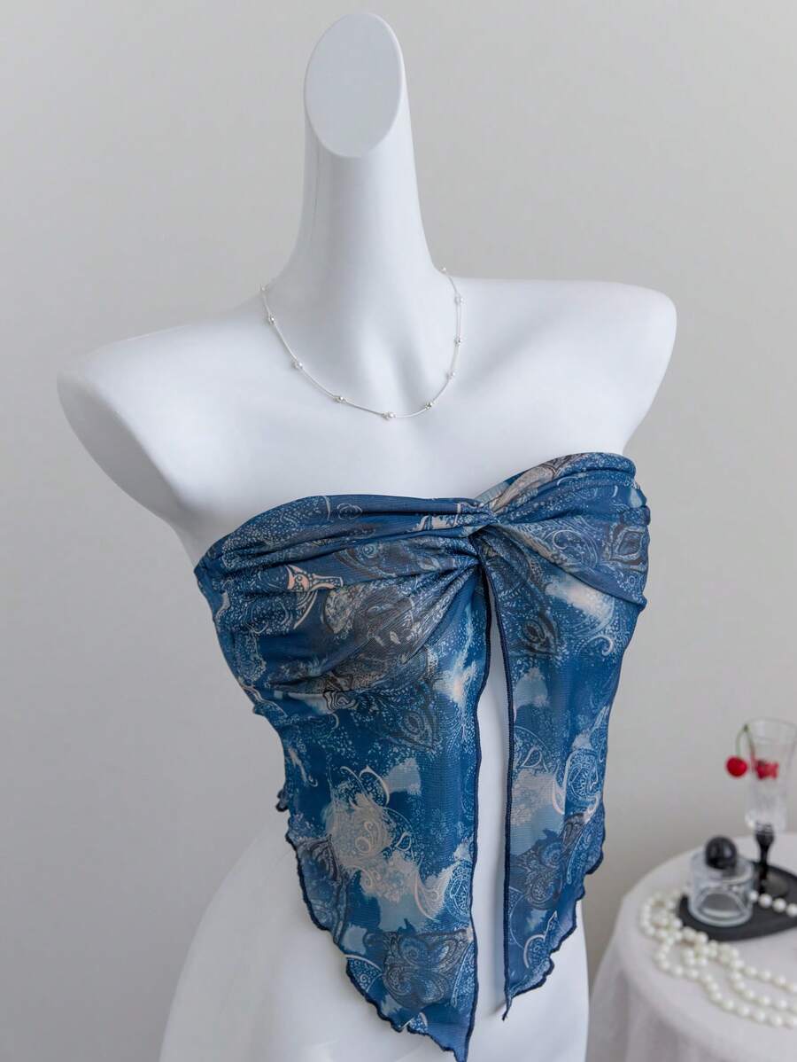 Elamini Blue Mesh Floral Print Tube Top, Fashionable Resort Style, Front Knot Design - Blue - View 1
