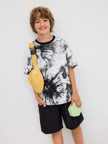 SHEIN 2pcs Set Tween Boys' Loose Casual Comfortable Tie Dye Pattern Round Neck Short Sleeve T-Shirt And Shorts - Black - View 1