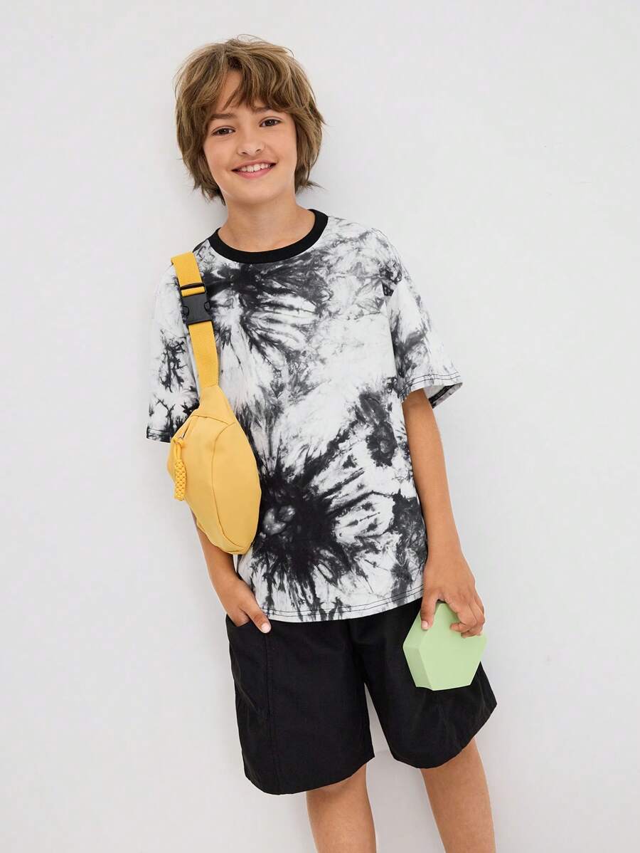 SHEIN 2pcs Set Tween Boys' Loose Casual Comfortable Tie Dye Pattern Round Neck Short Sleeve T-Shirt And Shorts - Black - View 1