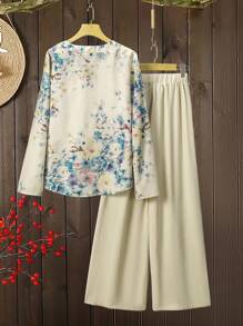 SHEIN Lacomfia 2pcs Set Printed Button Designed Shirt And Trousers, Spring/Summer - Multicolor - View 2