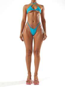 Musera Resort Tanga High Leg Thong Back Micro Bikini Bottoms Co Ord Bottom Only Summer Spring Holiday Vacation Sexy Ibiza Beachwear Solid Colour - Blue - View 4