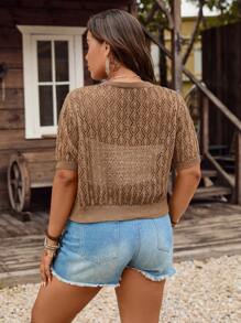 LanaWest Plus Size Women's Solid Color V-Neck Short Sleeve Hollow-Out Knit Cardigan, Casual And Simple For Summer