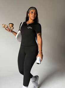 Rhythm Era 2pcs Women Casual Fitted Short Sleeve Top And Skinny Leggings Set, For Spring/Summer, Plus Size Sports Outfit