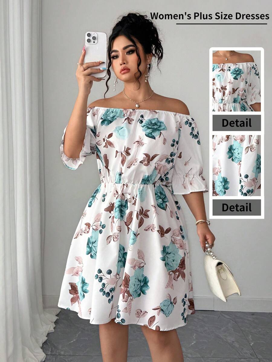 SHEIN Tall Plus Size Women Odsłaniająca Ramiona Talia Modelująca Krótką Sukienkę, Wyszczuplający Styl Na Wiosnę I Lato - Wielokolorowe - Zobacz 1