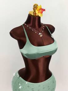 Amplova 2 Teile Set mit Satin Gros-de-Tours Besatz Cropped Top und ultraniedrig geschnittener Mini-Rock - Grün - Übersicht 12