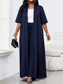 SHEIN Lady 春夏优雅通勤办公室海军蓝梭织长款短袖加大码套装女士夏季服装女士办公室服装度假两件套女士夏季服装女士办公室服装，2 件夏季服装