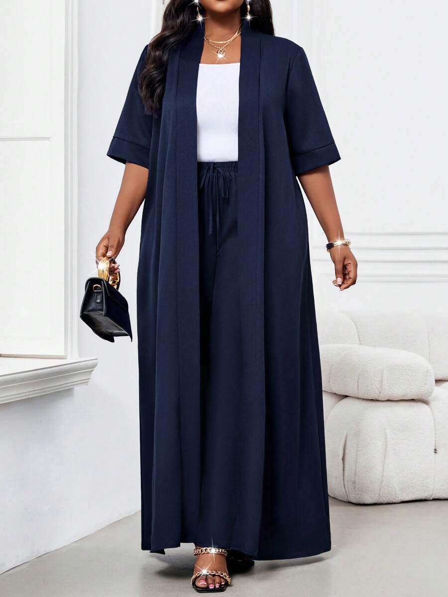 SHEIN Lady 春夏优雅通勤办公室海军蓝梭织长款短袖加大码套装女士夏季服装女士办公室服装度假两件套女士夏季服装女士办公室服装，2 件夏季服装