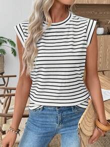 EMERY ROSE Women's Summer Striped Round Neck Cap Sleeve Casual Versatile T-Shirt Going Out Tops Women - Black and White - View 4