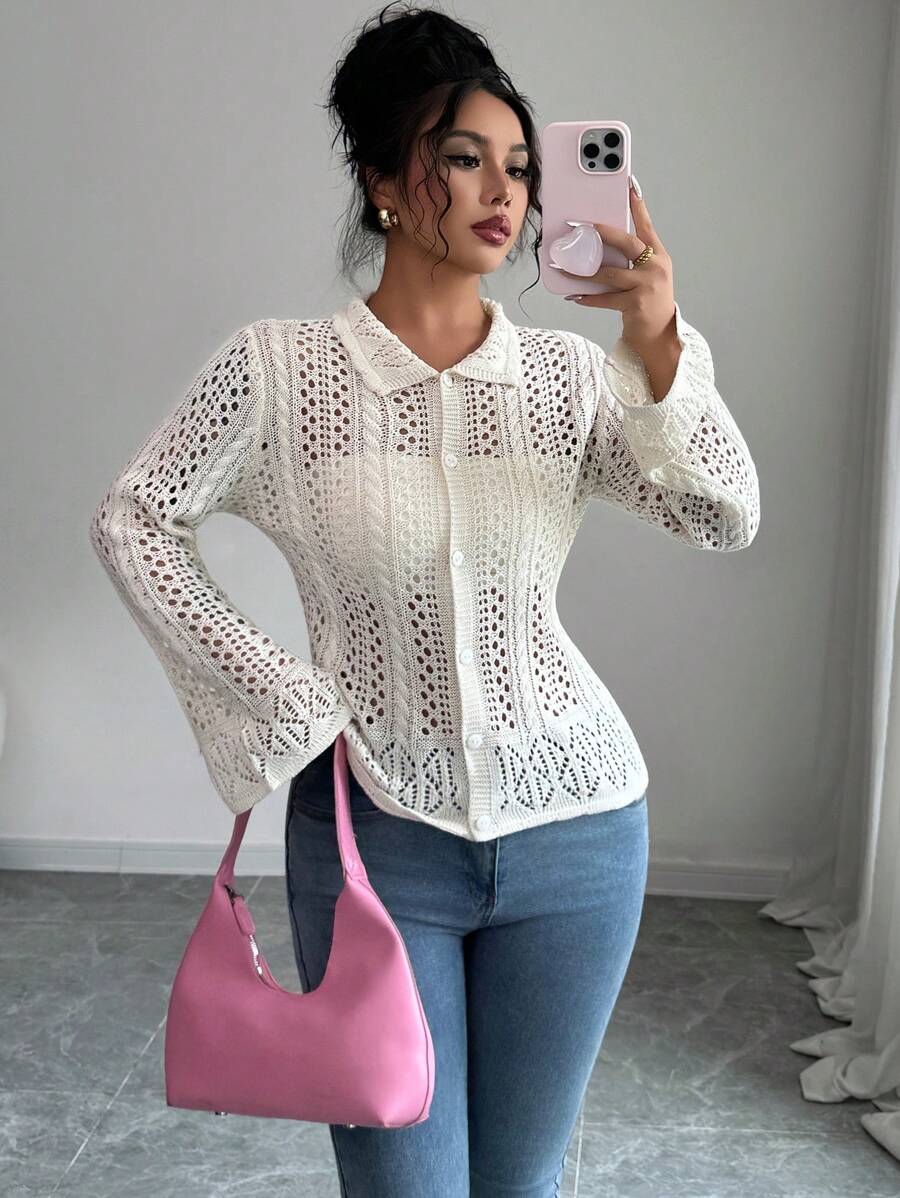 SHEIN Clasi Chiang Mai Sunshine Korean-Style Casual Vacation Chic Hollow Out Collar Cardigan Fall Cloth For Women