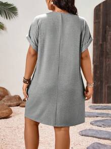 SHEIN LUNE Plus Size V-Neck Solid Color Turndown Collar Midi Casual Sundress, Spring - Grey - View 2