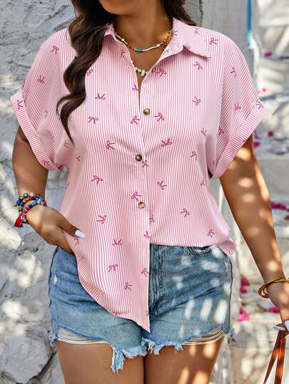 Nubod Camisa de talla grande con estampado de rayas, moda para el verano