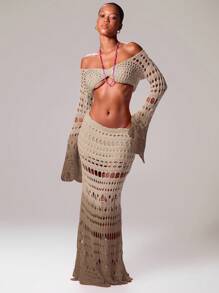 MUSERA 镂空图案钩编渐变鱼尾下摆长裙，仅作罩衫，适合泳装，伊比沙岛性感度假春夏节日沙滩装，浪漫优雅生日派对波西米亚风假日装扮夏季派对时尚装扮 - 棕色 - 查看 2