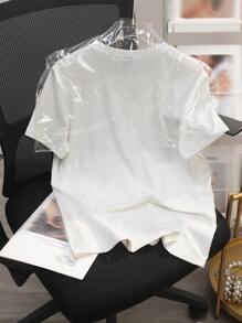 SHEIN 大码女式休闲水钻蝴蝶印花圆领短袖 T 恤，夏季 - 白色 - 查看 2