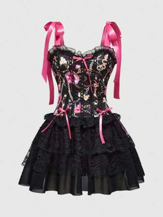 J-Fashion Subculture Harajuku Sexy Lace Patchwork Contrast Color Lace Trim Chain & Butterfly Print Mini Dress For Women