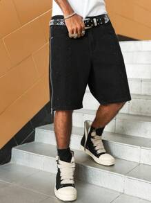 Manfinity EMRG Pantalones cortos vaqueros casuales para hombre lavados con rhinestones