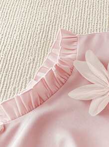 SHEIN Unity 大码女式圆领纯黑色 3D 花卉装饰盖袖上衣和高腰 A 字形 3D 花卉装饰迷你裙两件套西装，优雅时尚 - 粉色 - 查看 5