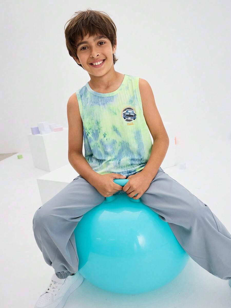 SHEIN 男童休闲度假百搭舒适扎染蜡染服装，时尚圆领无袖针织上衣，适合上学、花园、海滩、生日、春、夏、秋、冬等各种场合。 - 綠色 - 查看 1