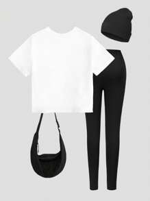 SHEIN 返校少女时尚休闲豹纹樱桃字母图案圆领短袖T恤豹纹打底裤套装个性街头套装夏秋装 - 彩色 - 查看 2