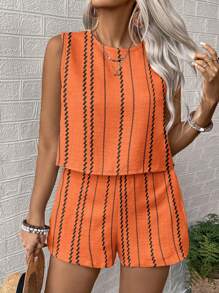 Linhara Plus-Size Ladies' Woven Casual Summer Two Pieces Set - Orange - View 6