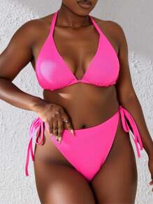 Slaydiva Plus Size Summer Beach Solid Color Halter Neck Backless Bikini Set With Separated Bikini Set, For Vacation - Hot Pink - View 4