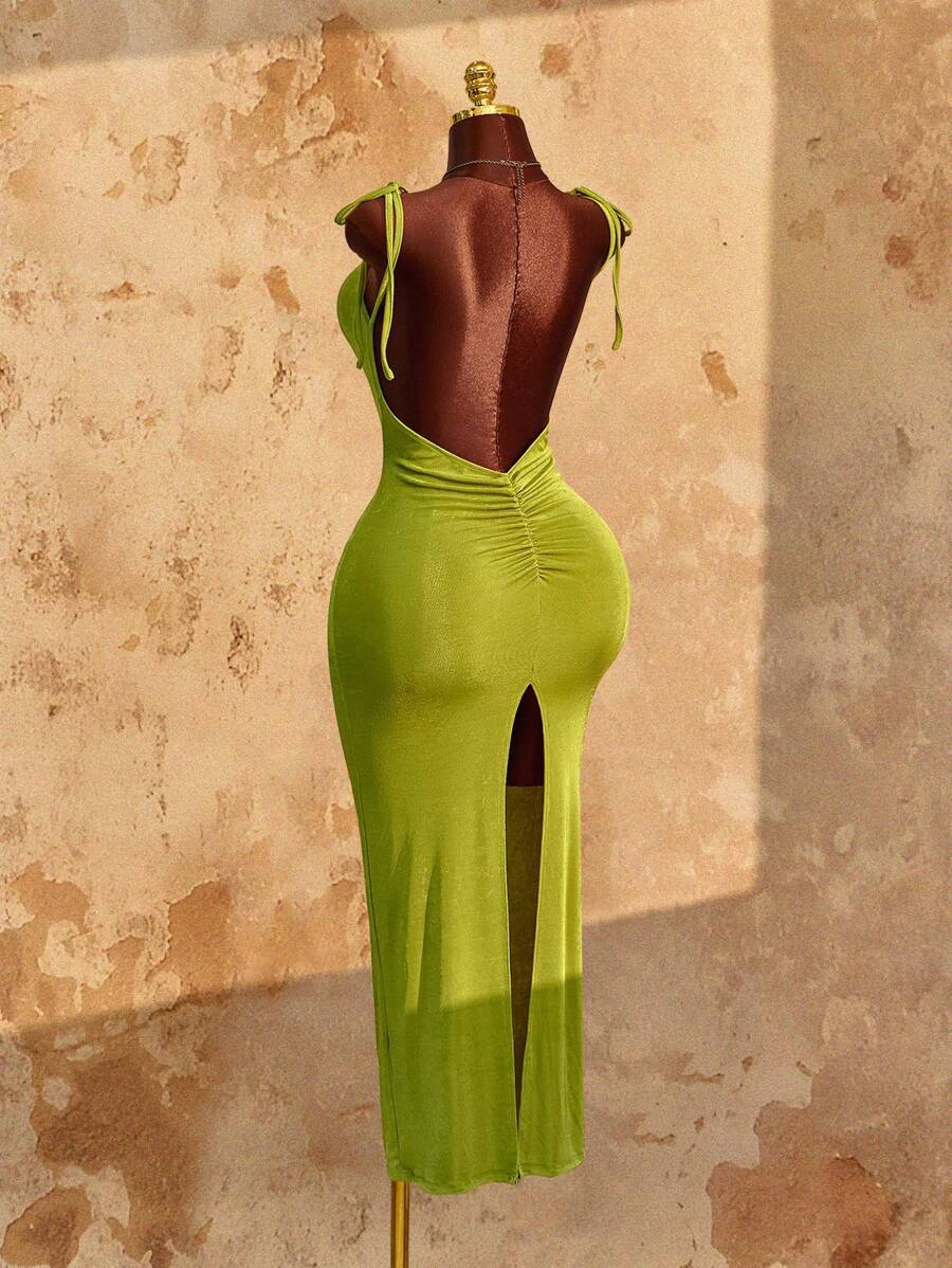 Amplova Đầm bodycon hở lưng xếp nếp hở cao thắt nơ dây mảnh - màu xanh lá - Xem 1