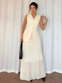 Elenzga 优雅通勤优雅时尚百搭编织杏色深V领无袖收腰修身不挑身金属纽扣前开长A字网眼重褶长裙女式套装 - 杏色 - 查看 5