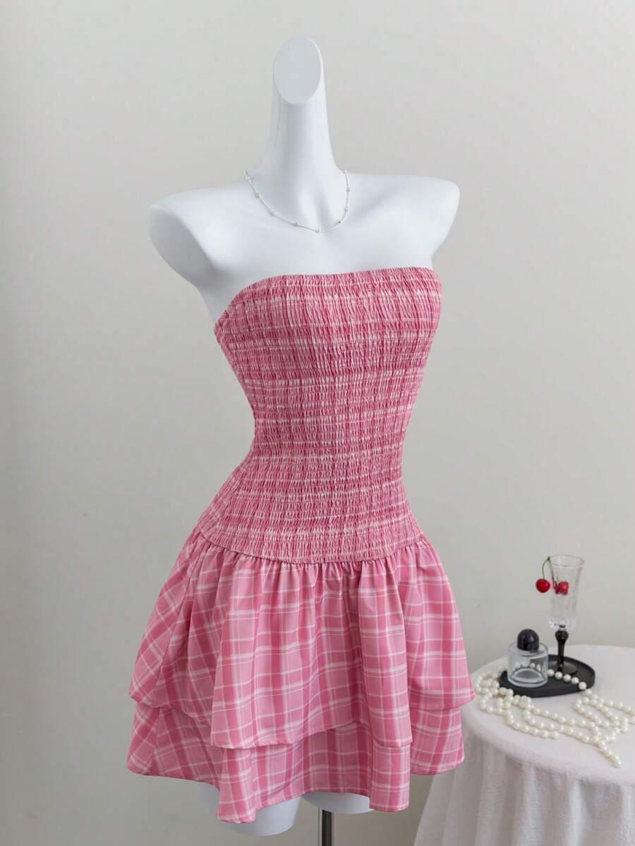 Flirla Pink Plaid Print Sweet Girl Beach Vacation Fitted Slim Dress - Pink - View 1
