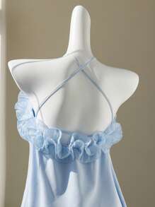 Elamini 纯色系带荷叶边层叠下摆 A 字型迷你连衣裙 - 藍色 - 查看 6