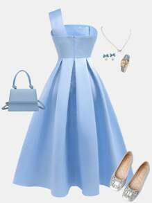 SHEIN Girlism 少女蓝色褶饰编织长款单肩连衣裙，优雅适合节日、派对、婚礼和返校 - 藍色 - 查看 2