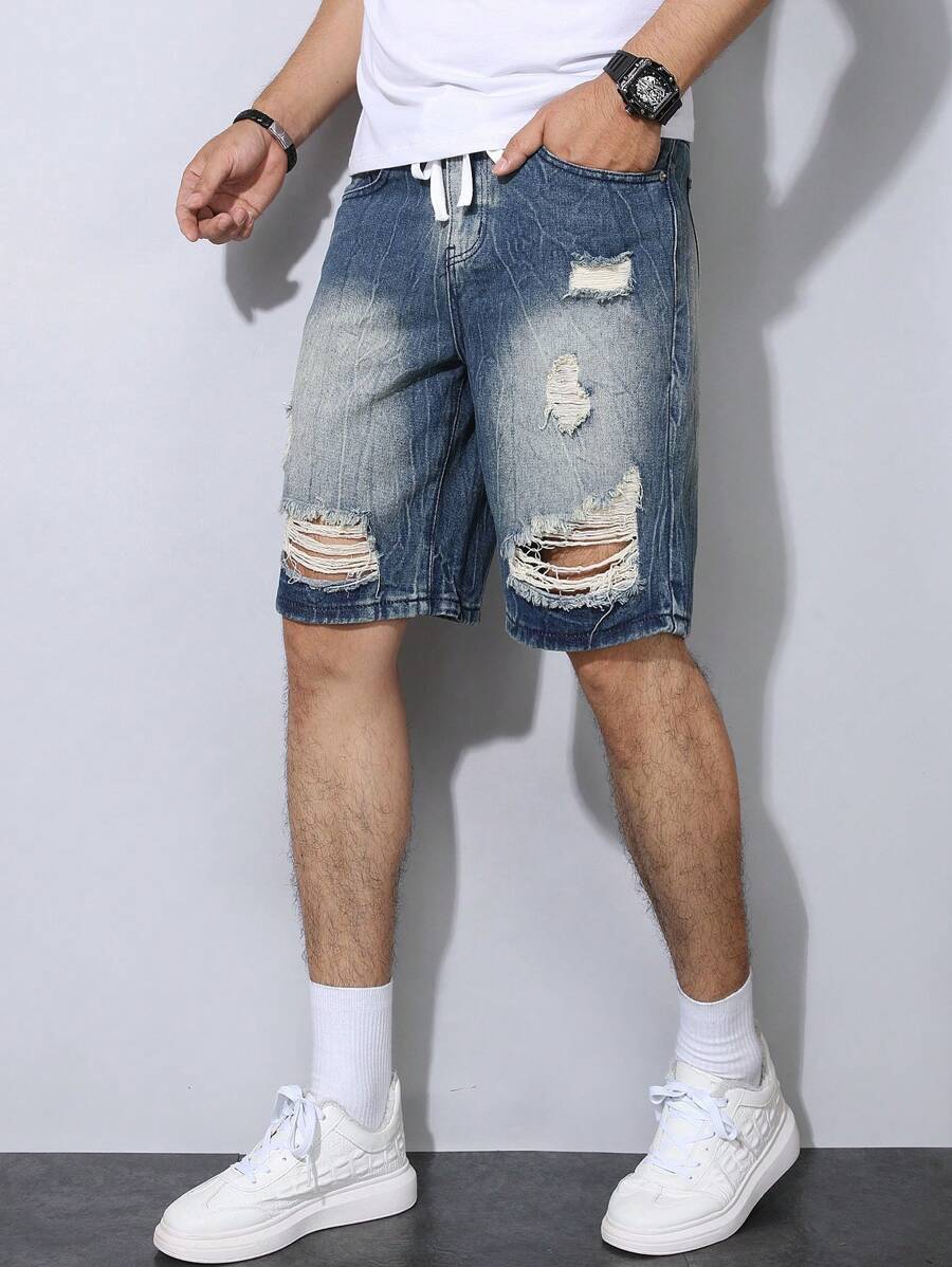 Manfinity Homme 男士做旧褪色牛仔短裤 - 中等水洗藍 - 查看 1